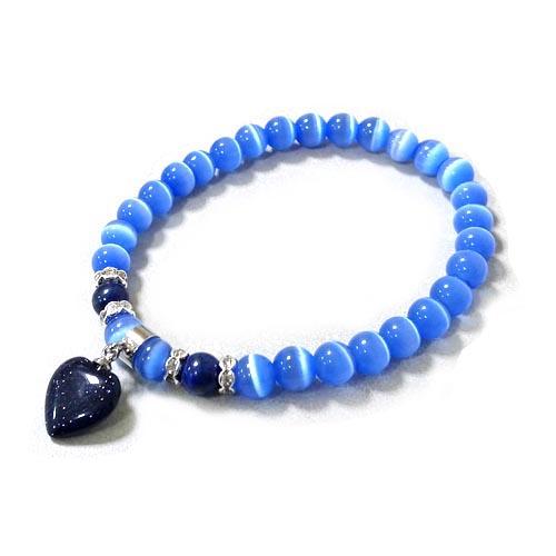 藍砂石愛心與藍貓眼圓珠彈性手環 