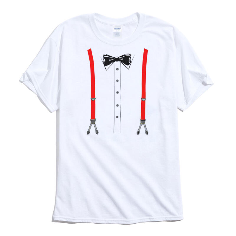 Bow Tie 短袖T恤 白色 趣味幽默紳士吊帶假西裝T設計班服團體印花潮T