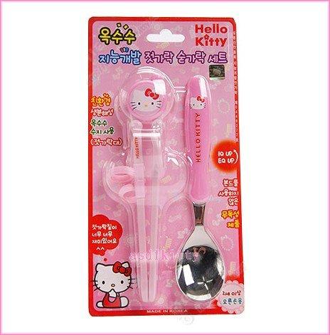 嬰童用品【asdfkitty】KITTY右手用粉色三點式兒童學習筷+湯匙-前端加大好夾取-韓國製