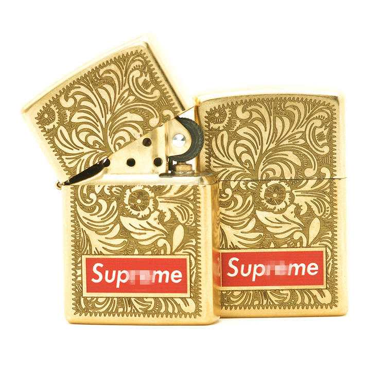 老煙槍】潮牌supreme Zippo聯名BOX LOGO雕刻打火機金色金雕火機| 露天