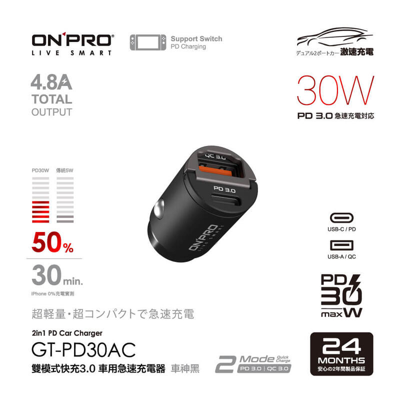 【現貨】ONPRO GT-PD30AC 雙模式快充 PD30W+QC3.0 隱藏式迷你車用充電器 車充