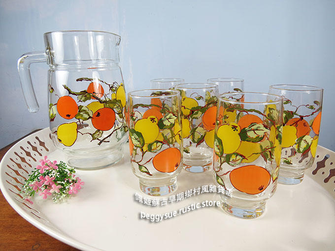 [佩姬蘇古早期懷舊]60年代(一壼六杯)法式鄉村風甜檸檬柑橘果汁冷水杯壼套組-印花玻璃杯-1壼六6杯老物舊物古物
