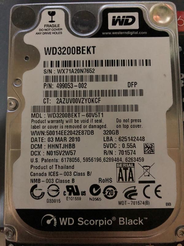 (2手堪用)WD黑標WD3200BEKT 2.5吋內接式320GB硬碟 裸碟 SATA接頭