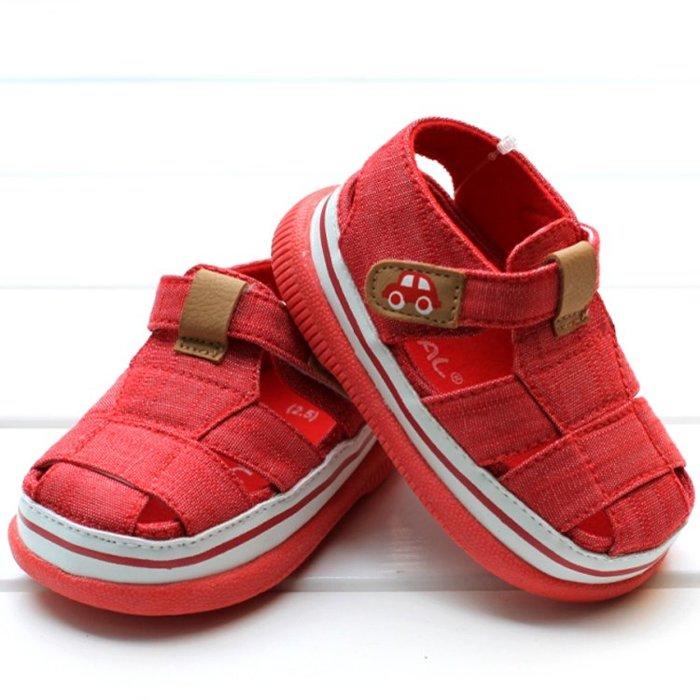 鞋鞋樂園~紅色休閒膠底涼鞋-學步鞋-幼兒鞋-寶寶鞋-娃娃鞋~童鞋~魔術貼設計~彌月送禮~適合戶外行走
