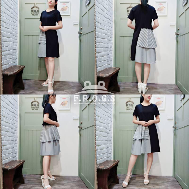 F.R.O.G.S T00087(全新)現貨特價-日本黑色拼接多層大小格子文青造型一件式寬鬆休閒裙連身裙連衣裙洋裝