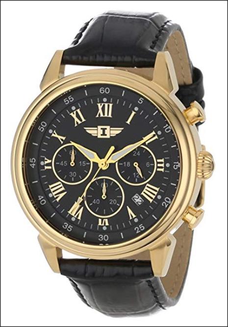 台灣保固英威塔Invicta 90242-003黑色真皮錶帶石英錶日本VD53機芯男士錶不鏽鋼金色錶框男錶手錶1515