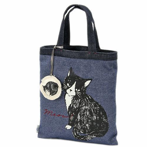 【歐米迪斯】日本直購文創 賓士貓/黑白貓藍底手提袋 購物袋 
