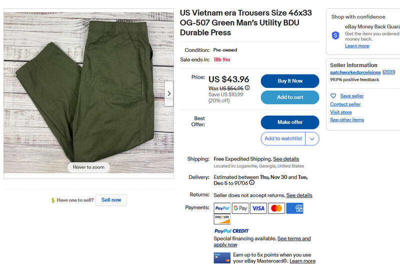 美國轉單代付US Vietnam era Trousers Size 46x33 OG-507 Green Man