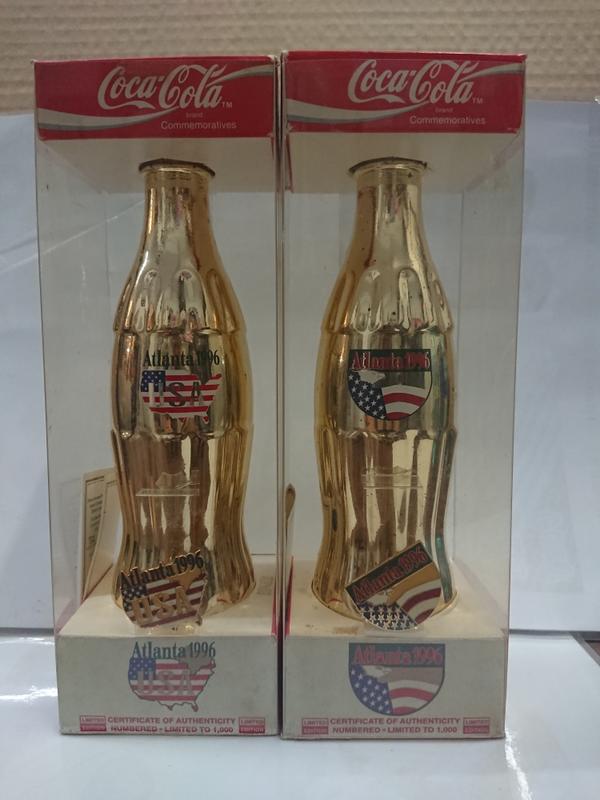 1996亞特蘭大奧運 記念鍍金瓶 各限定1000瓶 兩瓶一套 付保證編號卡 徽章1