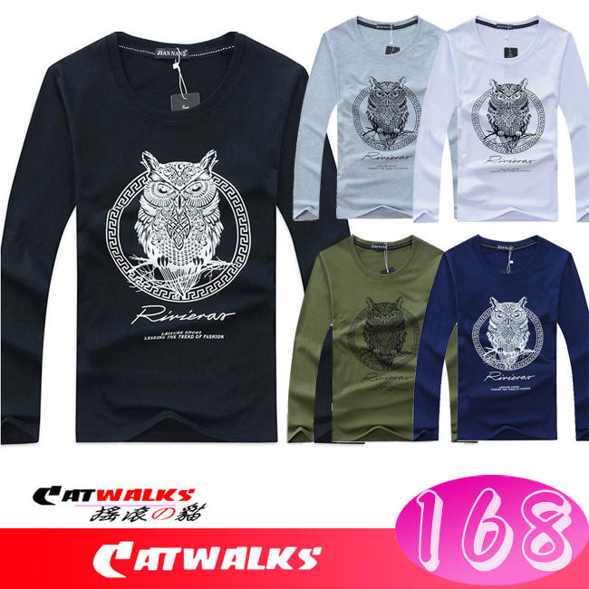 ＊ Catwalk's 搖滾の貓 ＊ 歐美風貓頭鷹印花圓領長袖棉T ( 黑色、深藍色、軍綠色、灰色、白色 ) M-XXX