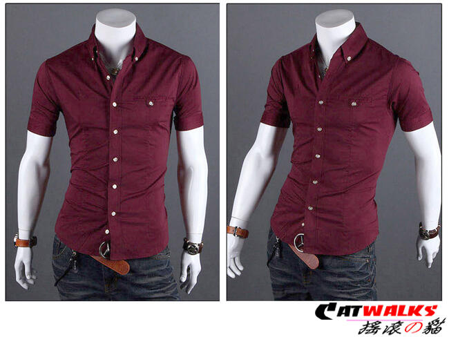 台灣現貨 Catwalk's- 韓版素雅修身純色短袖襯衫 ( 酒紅色、黑色、灰色 ) S-3L 零碼出清