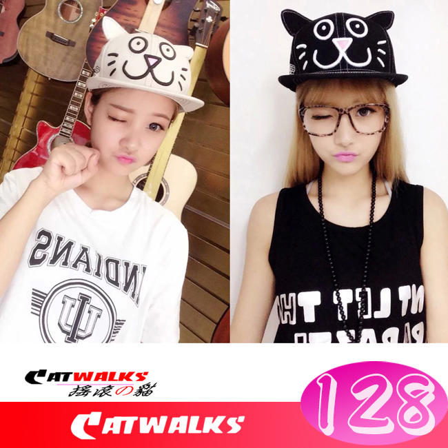 台灣現貨  ＊ Catwalk's 搖滾の貓 ＊ 韓版超可愛電繡卡通貓咪耳朵棒球帽 ( 卡其色、黑色 )