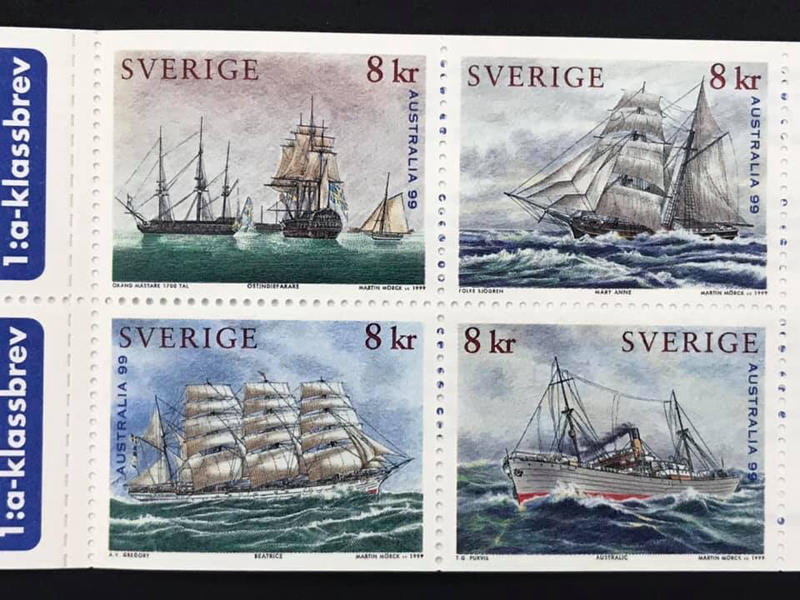 1999.03.11 #瑞典 #帆船99年澳洲郵展發行 套票4全 195元小本票 馬丁莫克雕刻作品