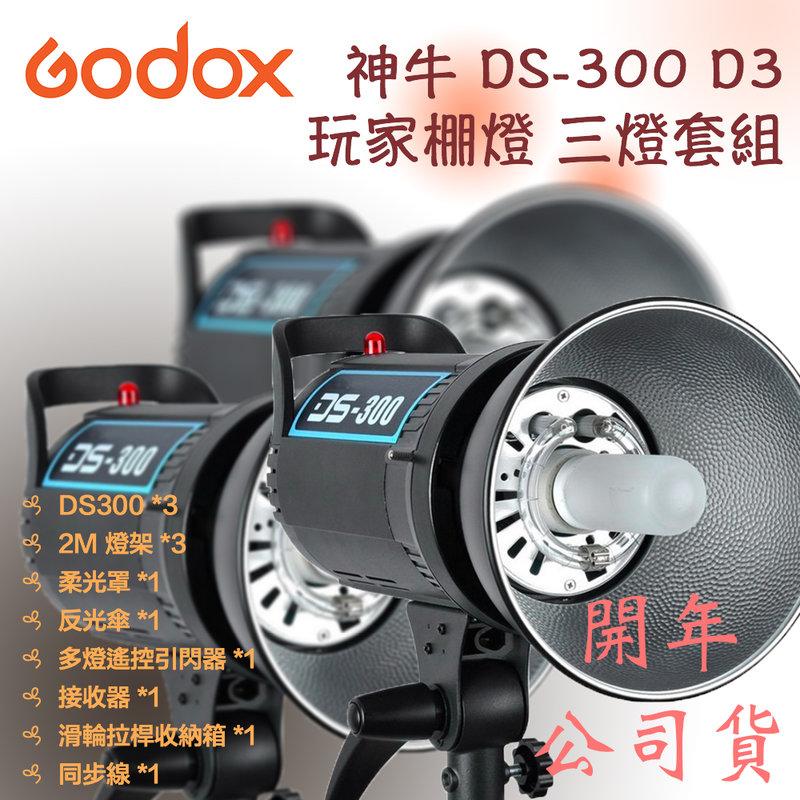 【攝界】GODOX 神牛 DS 300 D3 三燈套組 附 引閃器 接收器 棚燈 反射傘 柔光箱 燈架 滑輪收納箱
