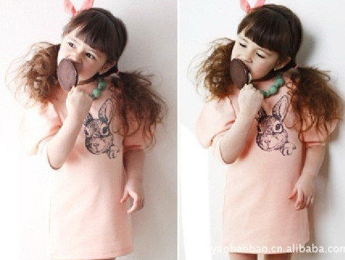 韓國燈籠袖造型兔兔印花粉色洋裝(90~120公分)$零碼優惠價280元