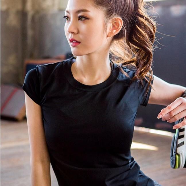 【S46】韓 女運動短袖T夏季跑步黑色健身瑜伽服彈力修身速乾衣