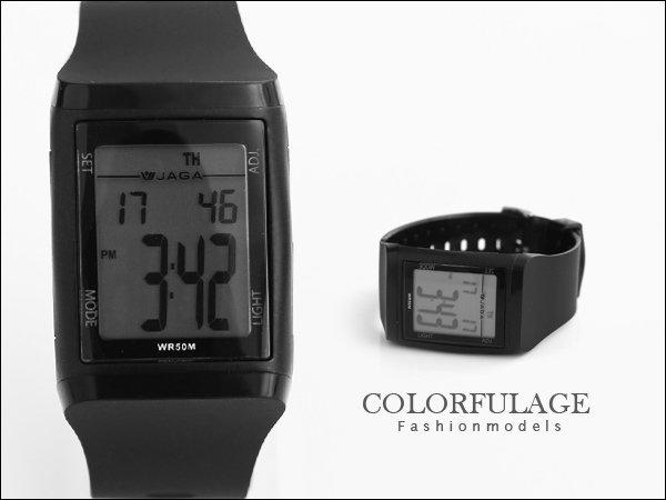 柒彩年代【NE423】JAGA 捷卡都會時尚風多功能電子錶 低調全黑型男防水100米~原廠公司貨