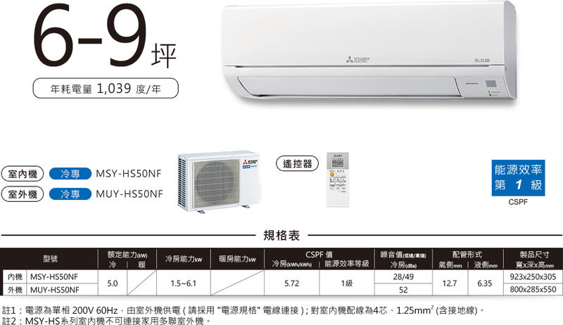 (標準安裝40000元)MITSUBISHI三菱變頻冷專分離式R32一對一冷氣MSY-HS50NF MUY-HS50NF