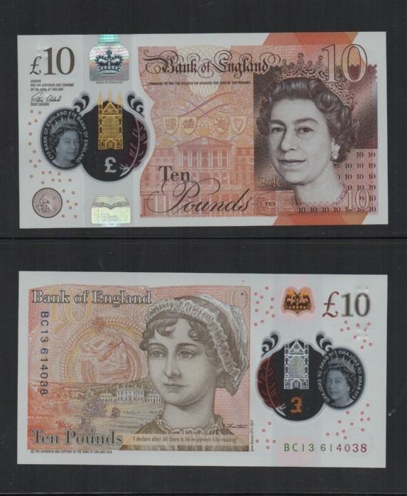 【低價外鈔】英國2016 年10Pounds 英鎊 塑膠鈔一枚 伊莉莎白二世 珍·奧斯汀圖案，絕版少見~