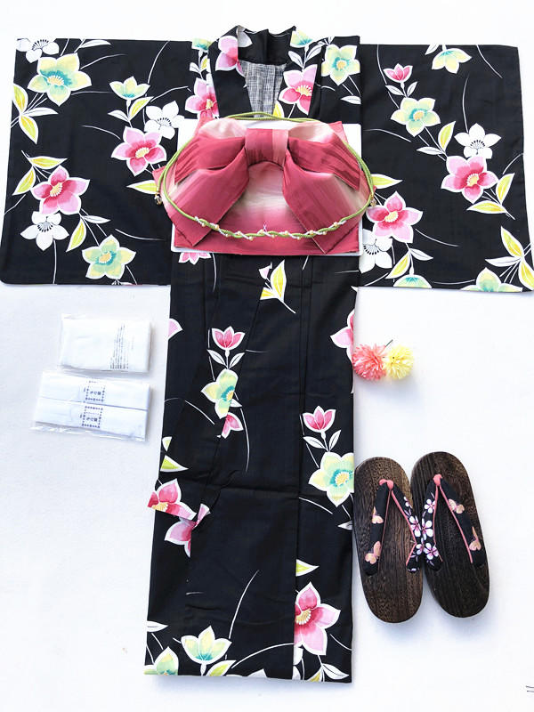 日本全棉和服浴衣 黑底花朵 上鏡系