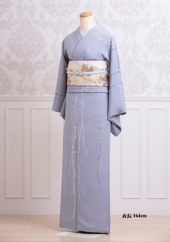 京都和服館-雪華系列-正絹女生和服 灰色 中古訪問著 衣長164cm