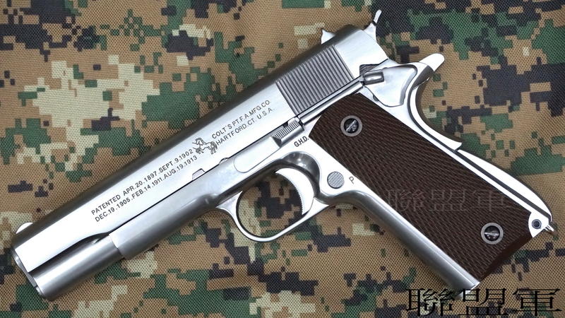 【聯盟軍 生存遊戲專賣店】WE M1911 .45 軍版刻字 全金屬 CO2手槍 銀色 雙動力系統 (全新薄彈匣版)