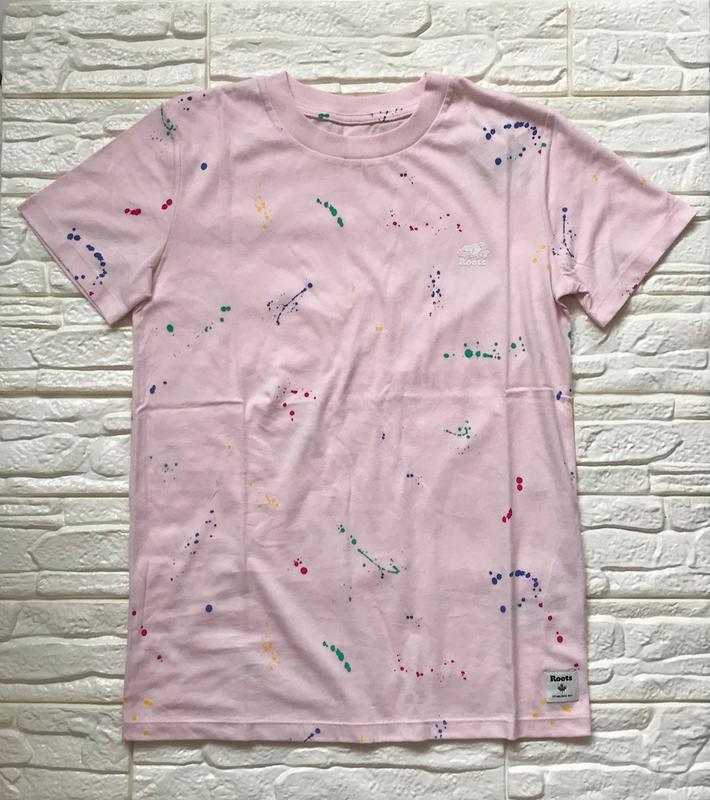 全新 Roots 淺粉色潑漆短袖T恤、尺寸：XS【美國官網正品】