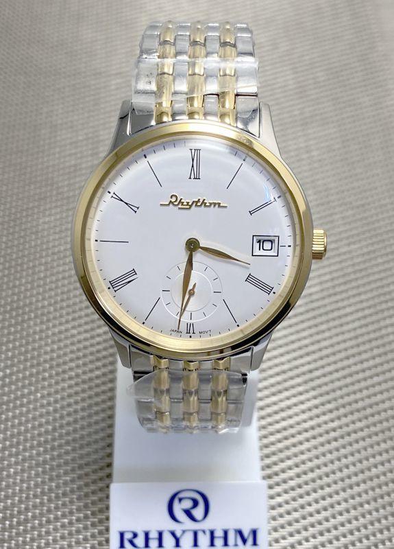 RHYTHM WATCH 麗聲中金碟飛款紳士單日期小秒鋼帶石英腕錶 型號：TQ1603S03【神梭鐘錶】