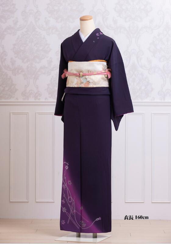 京都和服館-雪華系列-正絹女生和服 紫色中古訪問著 衣長160cm