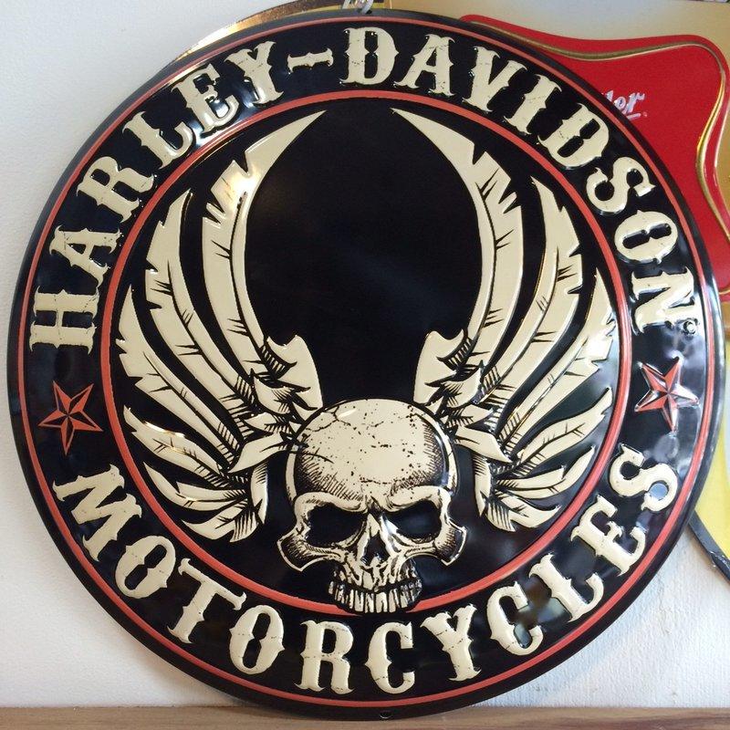 (I LOVE樂多) 美國進口 哈雷 Harley Davidson 骷顱風格 圓形鐵製立體看板