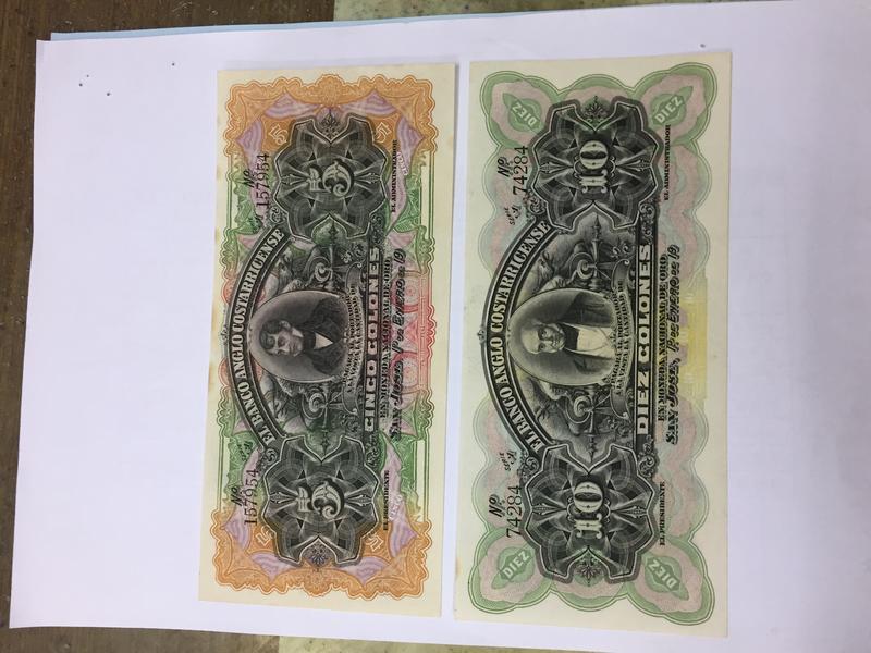 百年鈔1911年哥斯大黎加95新鈔一組10、5colones（2張合拍）