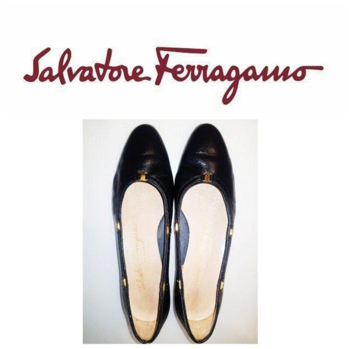 Salvatore Ferragamo黑色職業鞋 尖頭低跟鞋中跟鞋真皮粗跟鞋娃娃鞋皮鞋平底鞋 小腳尺寸(已售勿標) 