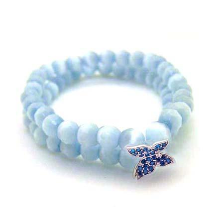 淺藍貓眼珠雙串與寶藍鋯石蝴蝶彈性手環  