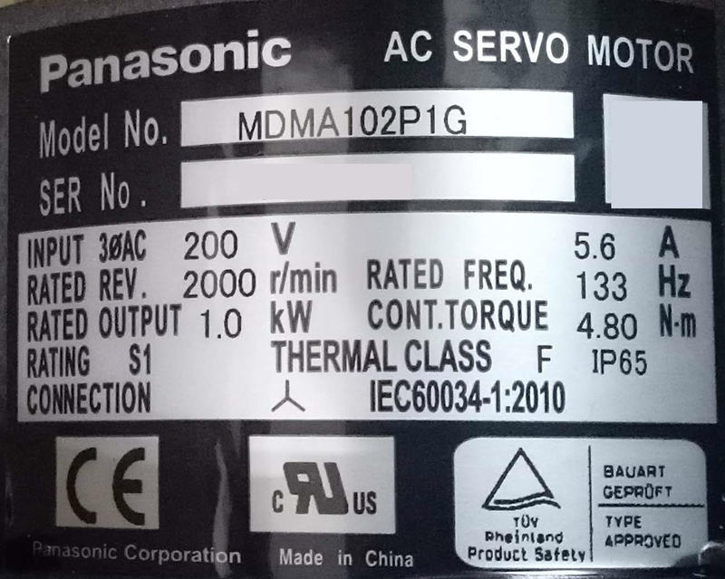 【東急機電】松下馬達 Panasonic AC Servo Motor MDMA102P1G