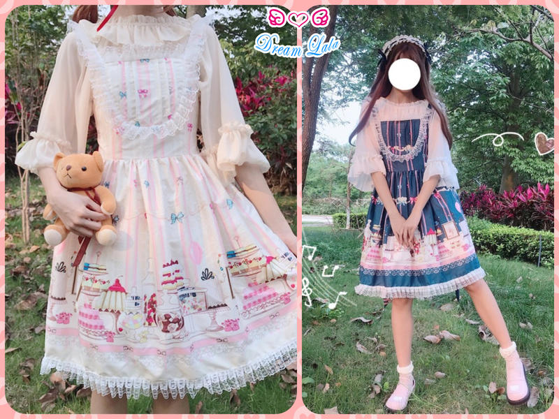 夢幻拉拉♥【預購】日系軟妹 蘿莉塔 Lolita 甜點蛋糕蝴蝶結印花蕾絲吊帶裙洋裝A00060