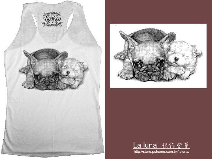 【La luna 銀飾豐華】白色夏季短版可愛動物圖案流行女款背心－法國鬥牛犬與小法鬥寶寶　(K223)