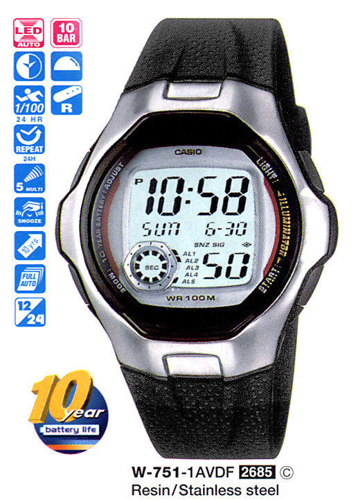 全新CASIO手錶(美運公司)W-751-1A【自動LED燈光100米防水5組多功能鬧鈴貪睡裝置】破盤價