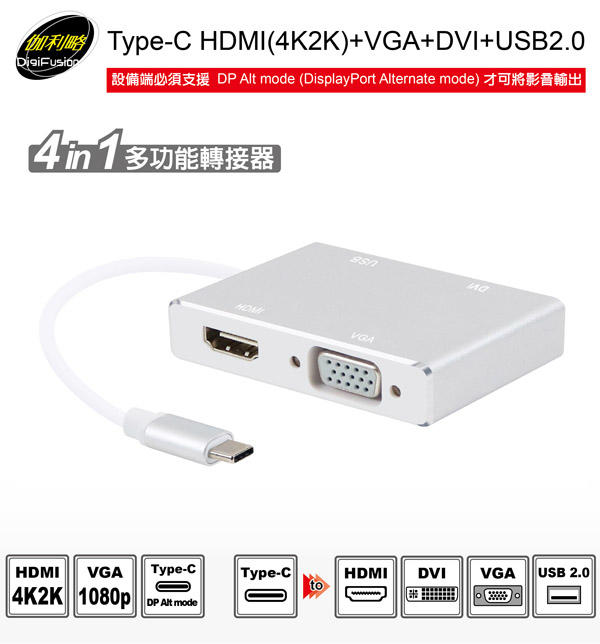 伽利略 Type-C HDMI(4K2K) + VGA + DVI + USB 2.0(CHVDUS)