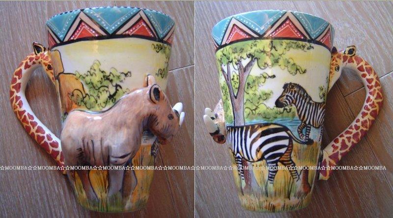 ☆MOOMBA☆ South Africa 南非 手工製 動物 長頸鹿手把 彩繪 陶杯 - 犀牛 INTU-ART COFFEE MUGS GIRAFFE HANDLE #534