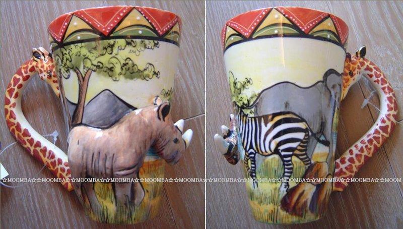 ☆MOOMBA☆ South Africa 南非 手工製 動物 長頸鹿手把 彩繪 陶杯 - 犀牛 INTU-ART COFFEE MUGS GIRAFFE HANDLE #537