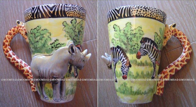 ☆MOOMBA☆ South Africa 南非 手工製 動物 長頸鹿手把 彩繪 陶杯 - 犀牛 INTU-ART COFFEE MUGS GIRAFFE HANDLE #540