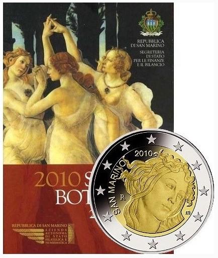聖馬力諾 2010年 2歐元 波提切利逝世500週年 雙金屬 卡裝紀念幣 稀有