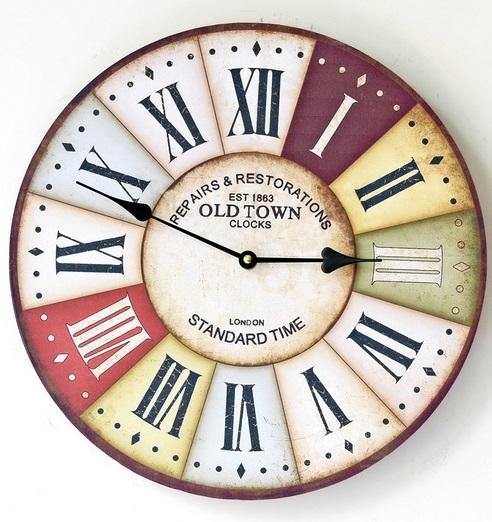 星之屋zakka雜貨 Vintage歐式鄉村風 仿舊復古拚色彩繪羅馬數字無框掛鐘 羅馬數字時鐘 掛鐘 造型鐘