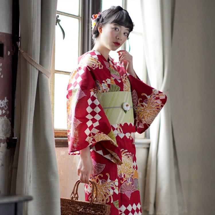 01高品質出口日本和服浴衣紅色古典單件浴衣