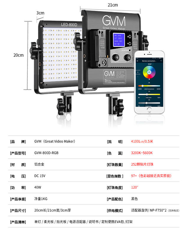 彩色鳥(租 LED燈 錄影燈) GVM800D-RGB LED 40W 3燈套組 A7S II A7III A7RIV