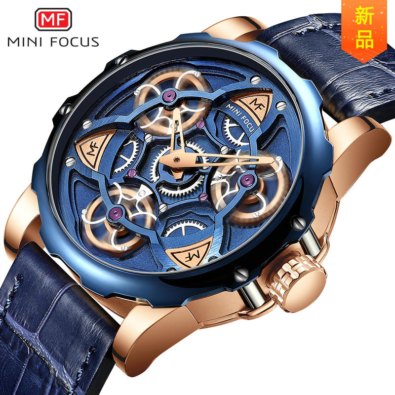 【潮裡潮氣】MINI FOCUS品牌男錶機械風齒輪陀螺日本機芯立體字面皮錶帶0249G