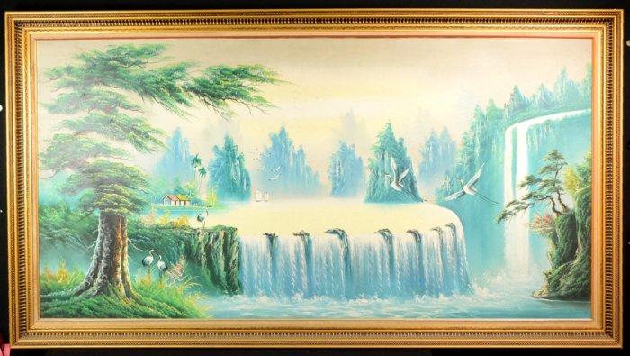 (特價1100元新竹自取) 超大幅 手繪 松鶴延年 觀瀑 風景 油畫 (畫芯: 177CM X 90CM)