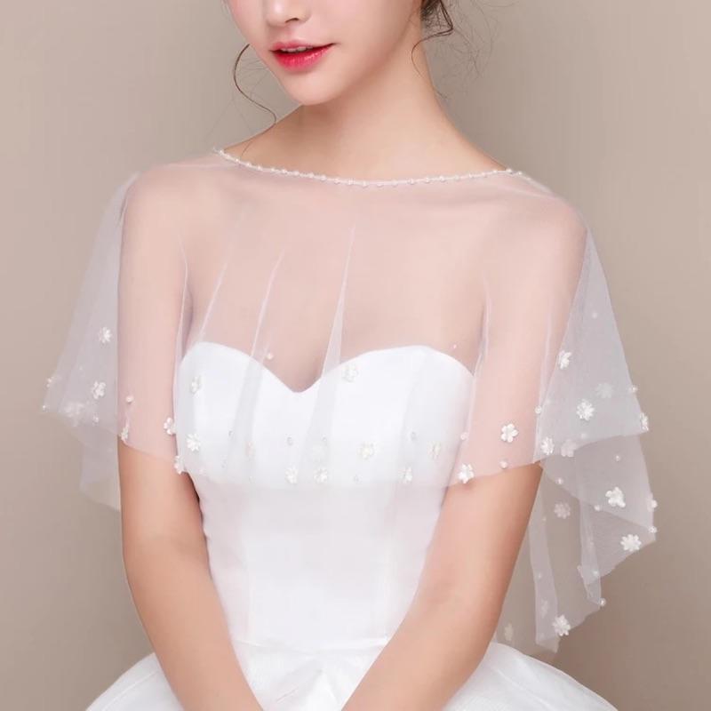 圓領縫水晶珠飄逸性感新娘婚紗美肌披肩圓形細網紗罩衫