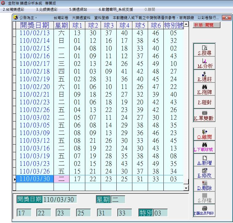 台灣彩卷(大樂透、威力彩) 六合彩 天天樂 分析統計軟體