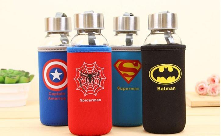 [現貨]超級英雄玻璃水瓶  透明水壺水杯 復仇者聯盟 超人 蜘蛛人 美國隊長 蝙蝠俠  創意卡通交換生日禮品